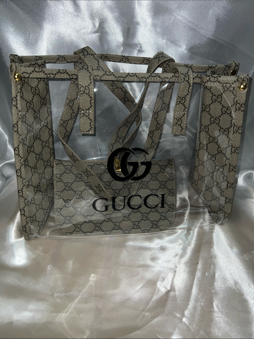 Beige Monogram Clear Tote with Logo Pouch